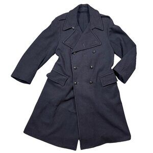 Vintage British Military Long Wool Double Breast Navy Blue Pea Coat Mens Medium